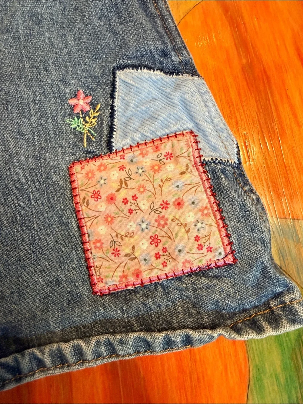 Oshkosh B'Gosh Girl's Denim Overall Dress 2T Patchwork Multicolored Adjustable S